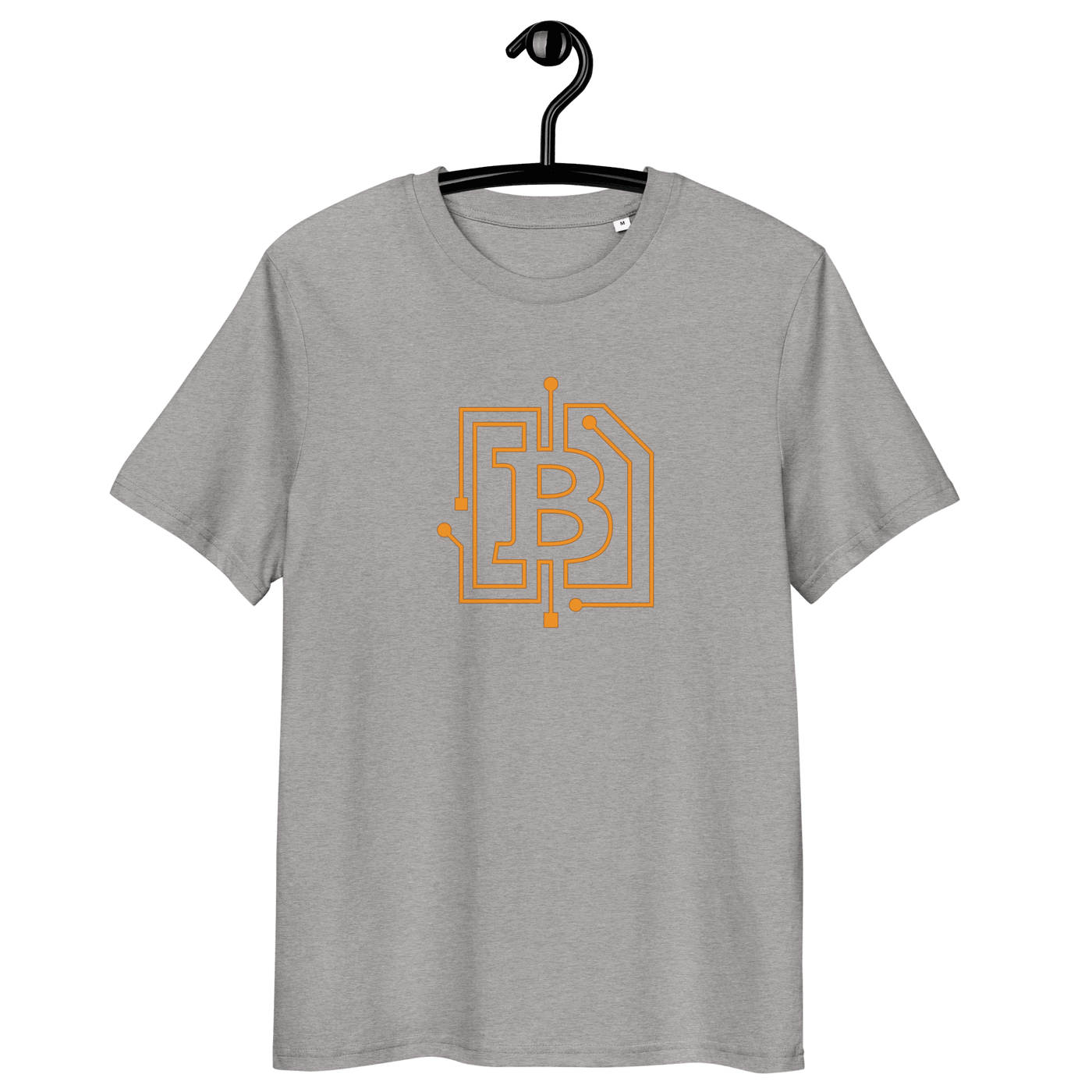 Certification logos for organic cotton bitcoin t-shirt with circuit board design
