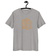 Certification logos for organic cotton bitcoin t-shirt with circuit board design