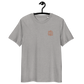 Front view of an embroidered heather grey bitcoin t-shirt.