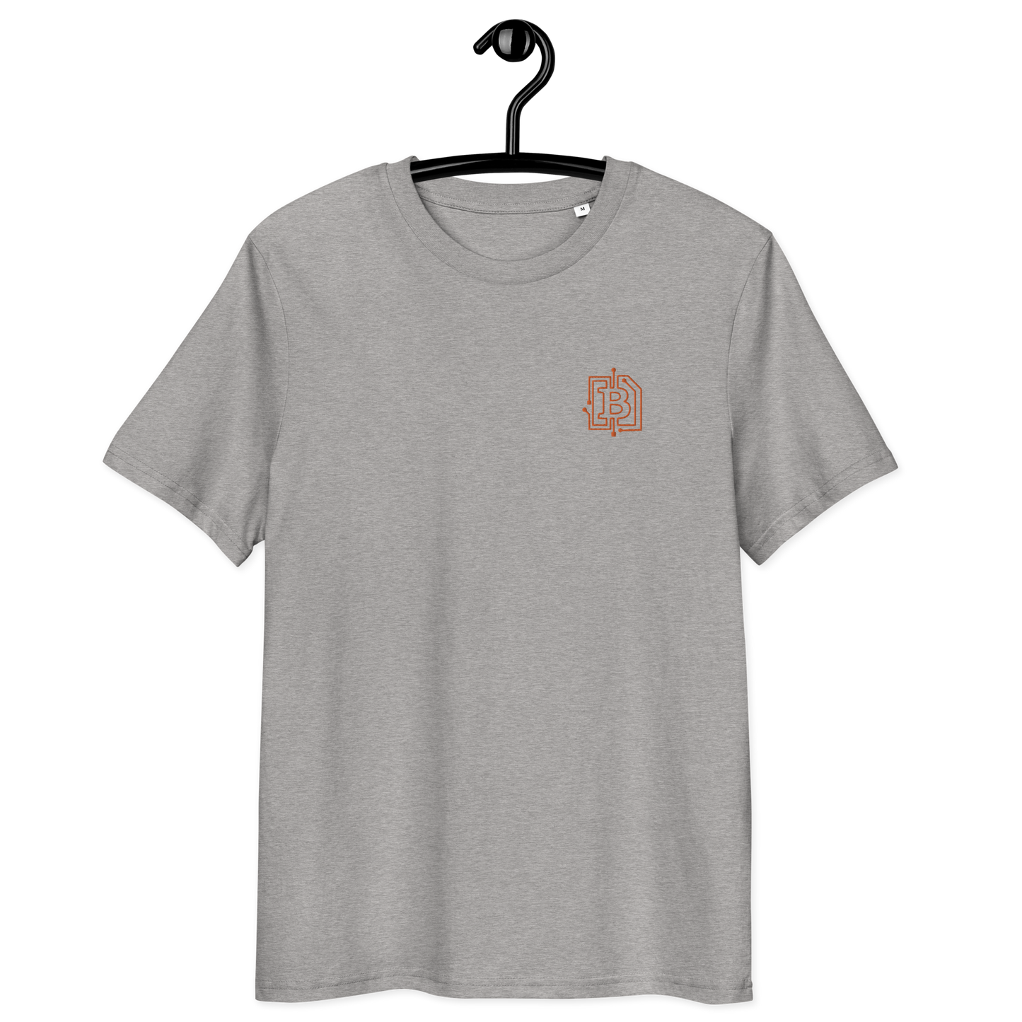 Front view of an embroidered heather grey bitcoin t-shirt.