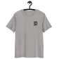 Front view of a heather grey embroidered bitcoin t-shirt.