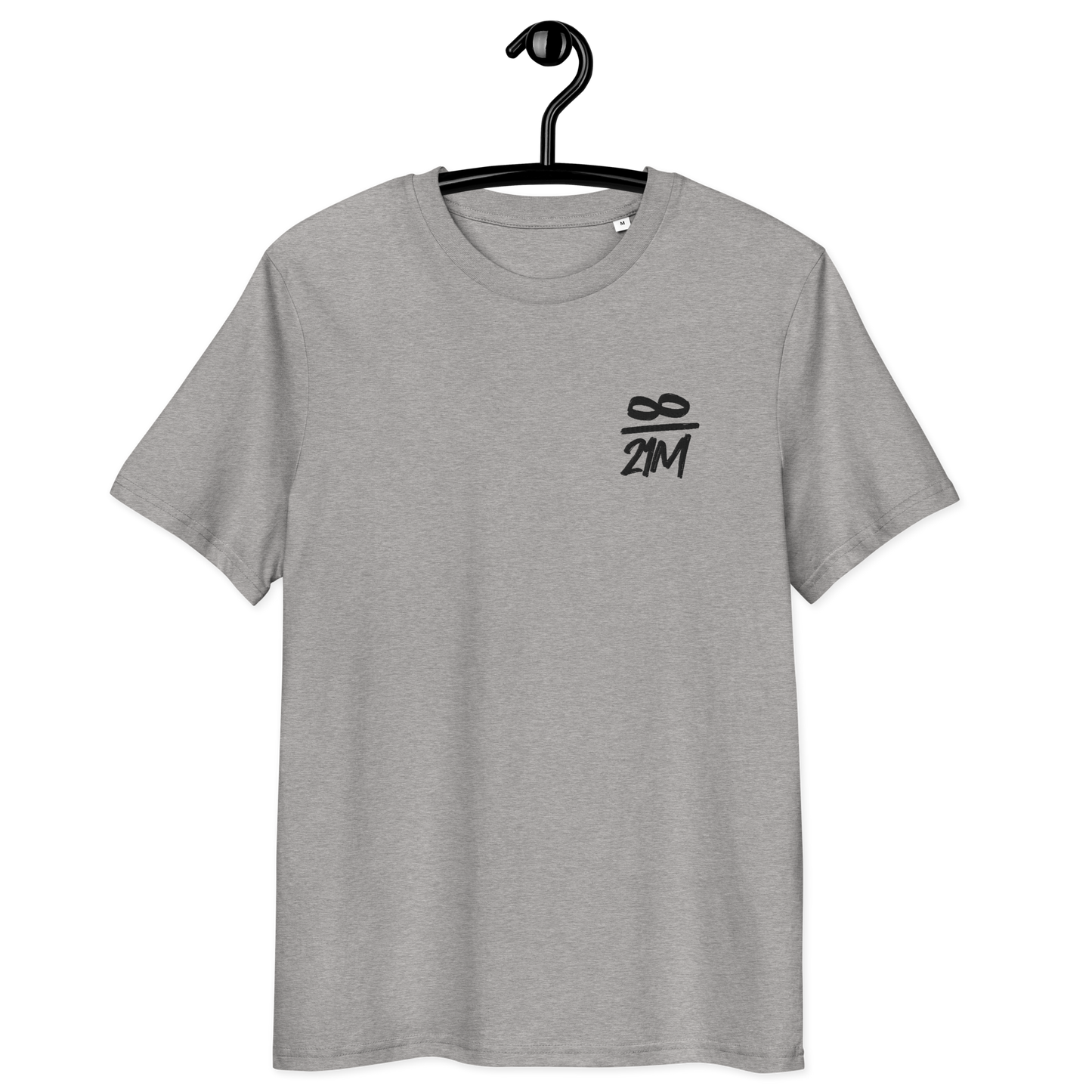 Front view of a heather grey embroidered bitcoin t-shirt.