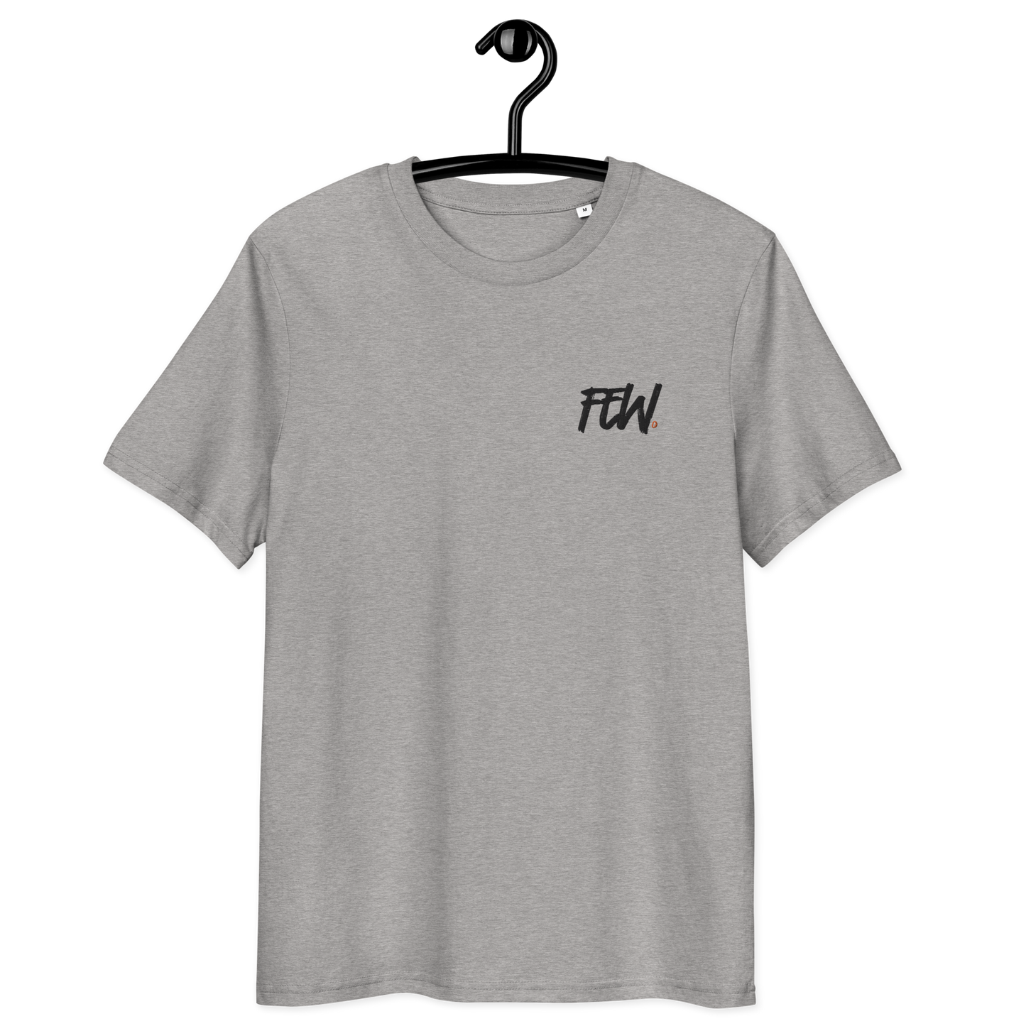 Front view of a heather grey embroidered bitcoin t-shirt.