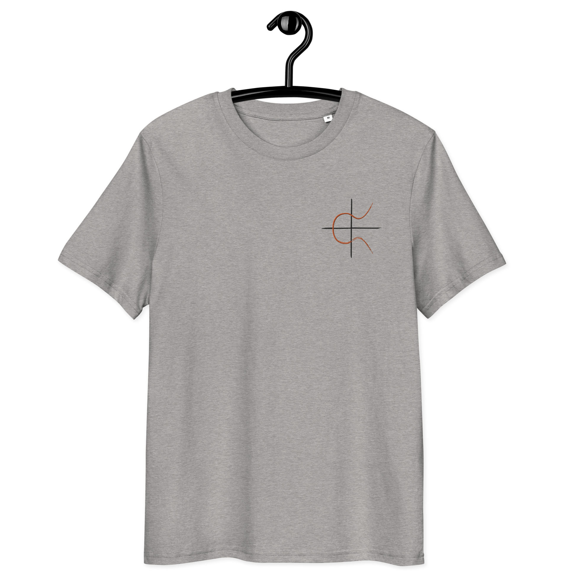 Front view of a heather grey embroidered bitcoin t-shirt.