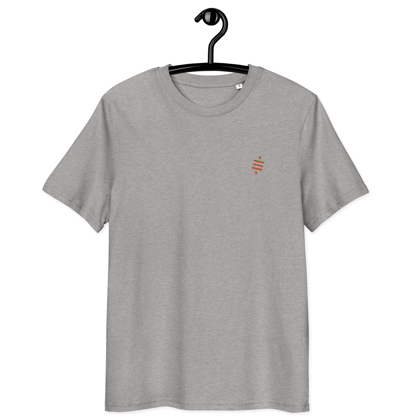 Front view of a heather grey embroidered bitcoin t-shirt.