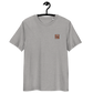 Front view of a heather grey embroidered bitcoin t-shirt.