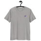 Front view of a heather grey embroidered nostr t-shirt.