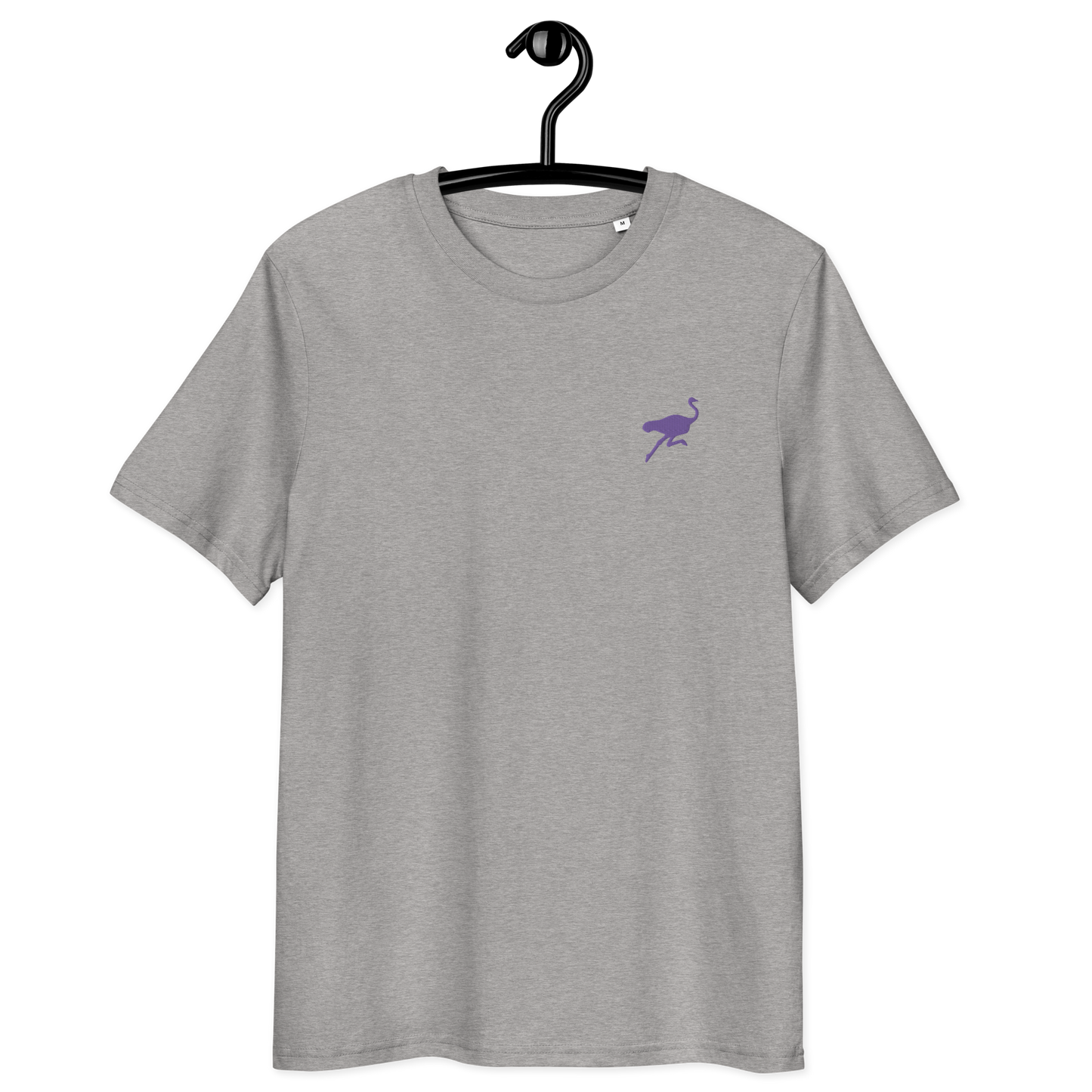 Front view of a heather grey embroidered nostr t-shirt.