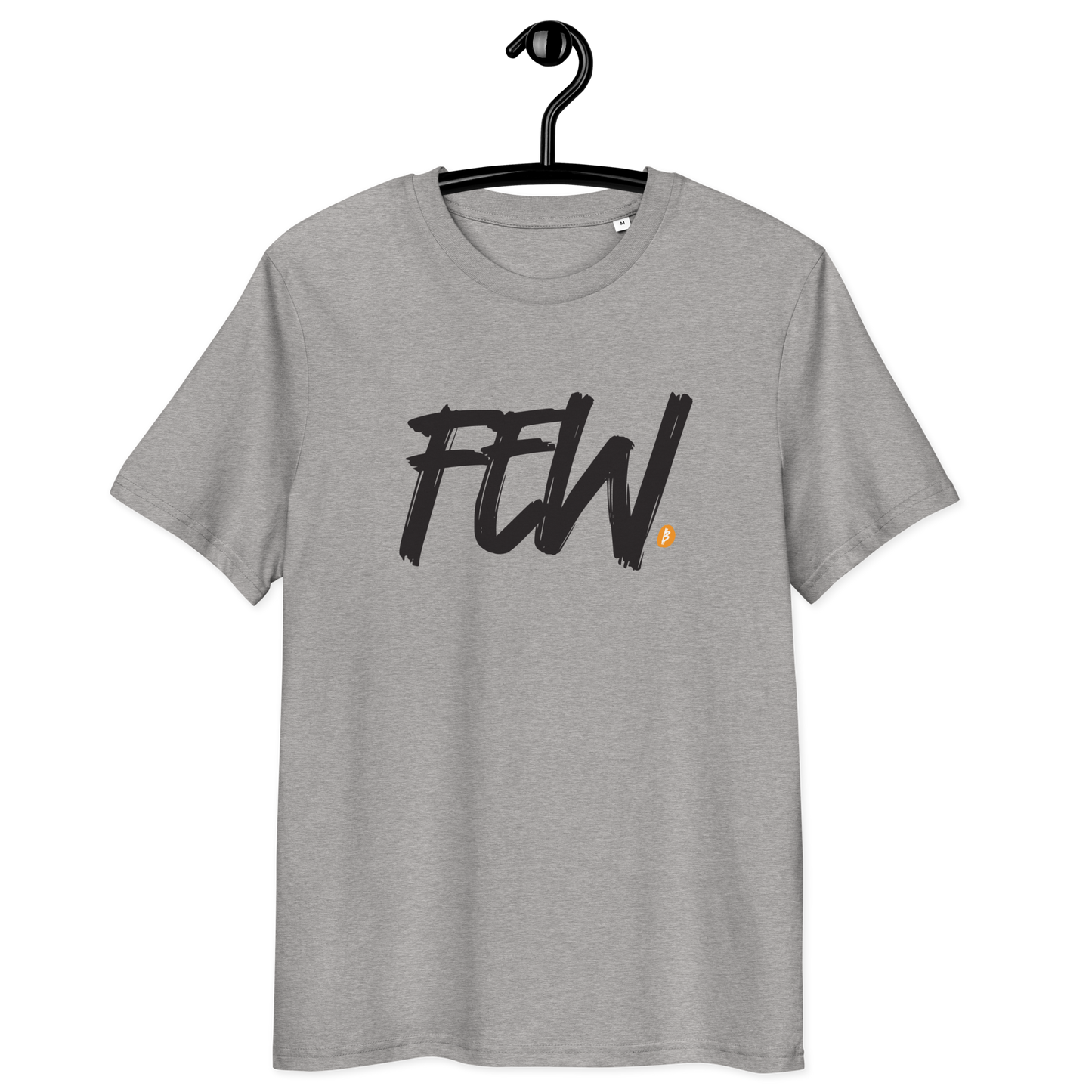 Front view of a heather grey bitcoin t-shirt.