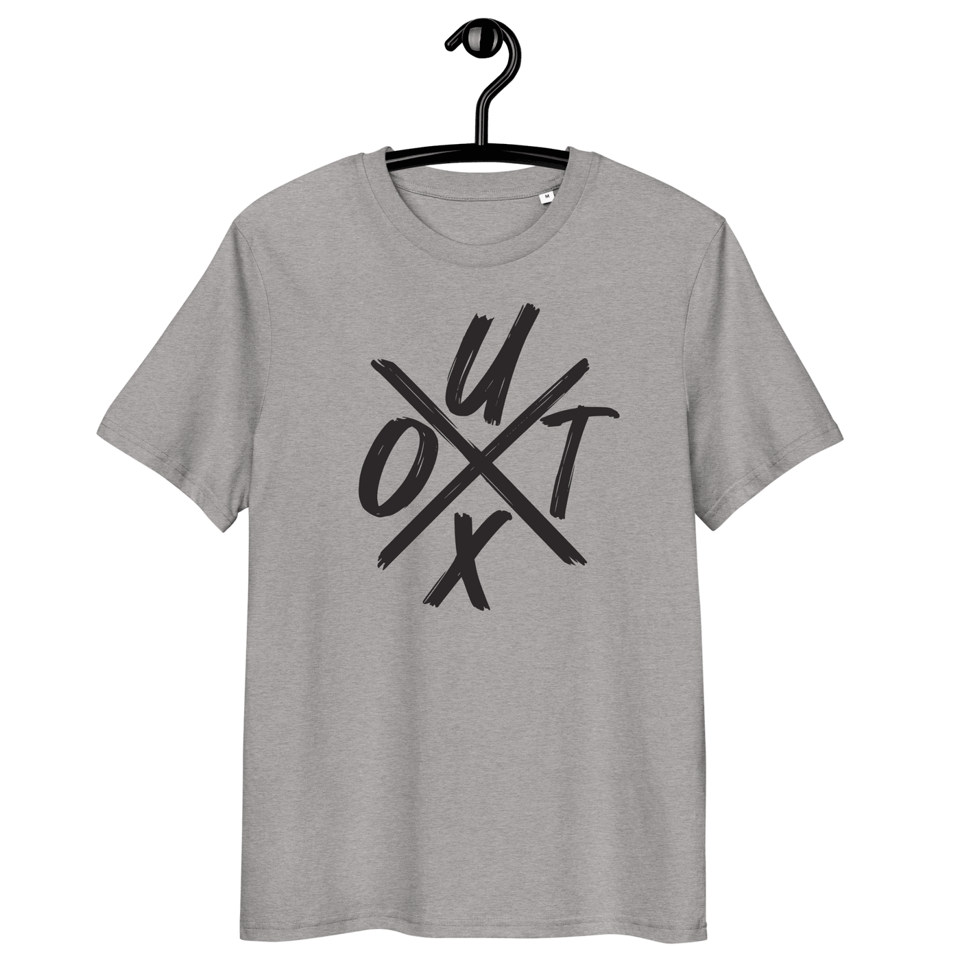 Certification logos for OEKO-TEX, PETA, GOTS, OCS, and GRS on organic cotton Bitcoin T-shirt promoting UTXO management