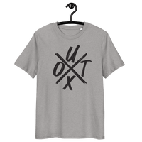 Certification logos for OEKO-TEX, PETA, GOTS, OCS, and GRS on organic cotton Bitcoin T-shirt promoting UTXO management