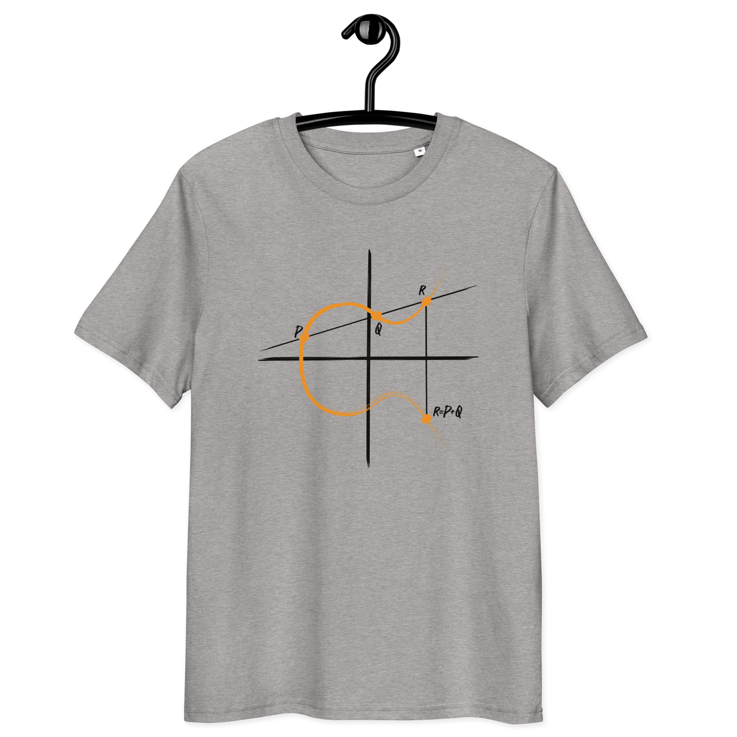 Front view of a heather grey bitcoin t-shirt.