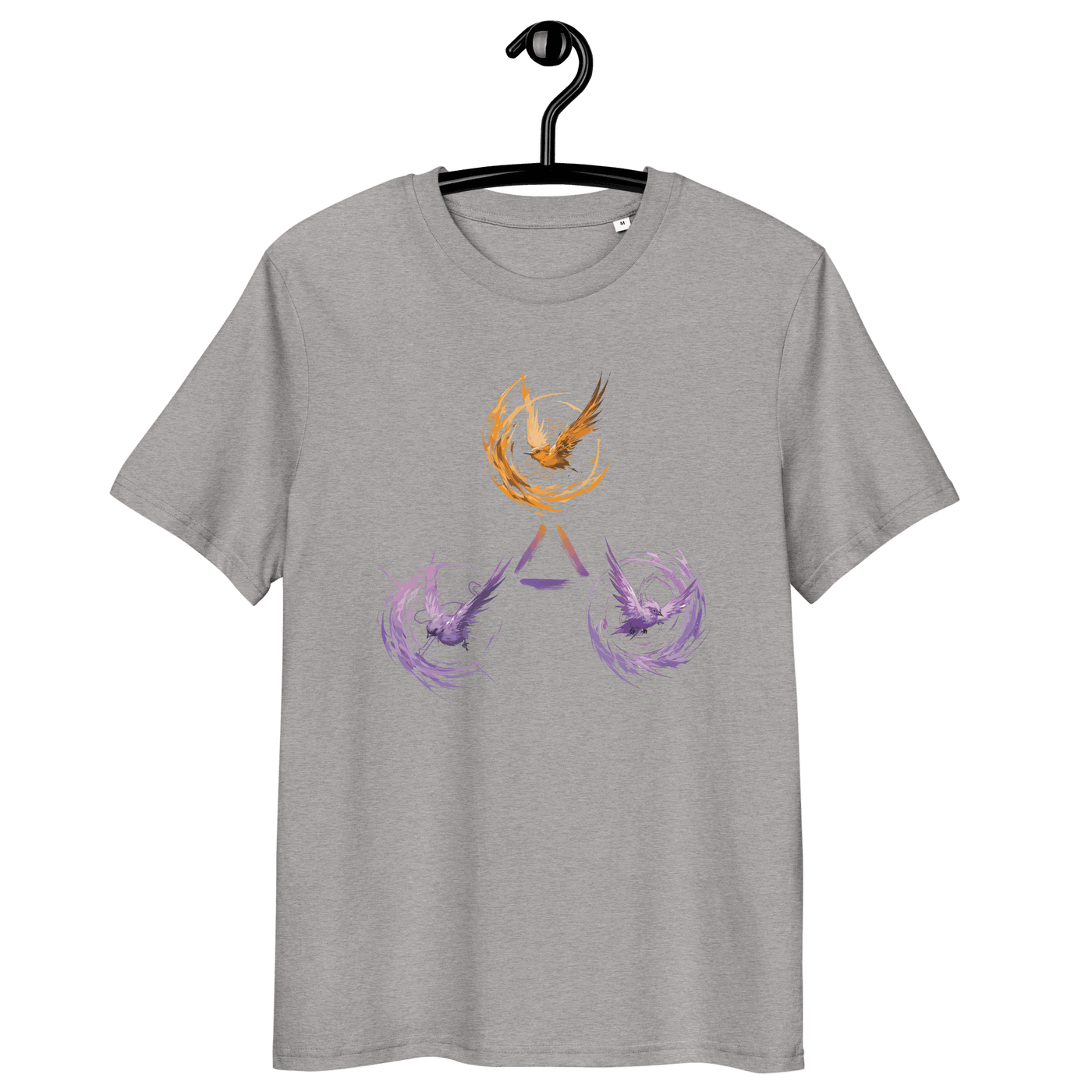 Organic cotton Bitcoin T-shirt featuring Tor, Bitcoin, and Nostr symbols symbolizing freedom with eco-friendly certifications