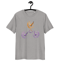 Organic cotton Bitcoin T-shirt featuring Tor, Bitcoin, and Nostr symbols symbolizing freedom with eco-friendly certifications