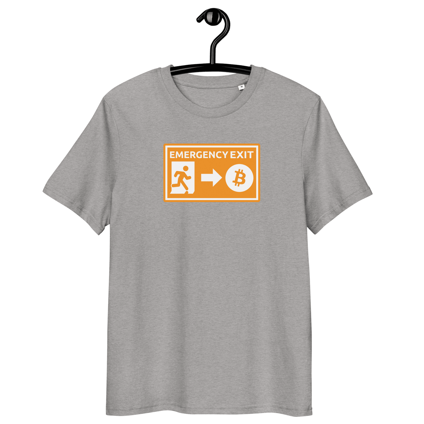 Organic cotton Bitcoin T-shirt with Emergency Exit design and eco-friendly certifications