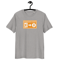 Organic cotton Bitcoin T-shirt with Emergency Exit design and eco-friendly certifications