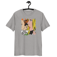 Organic cotton t-shirt with Comic Study Bitcoin design promoting Study Bitcoin education