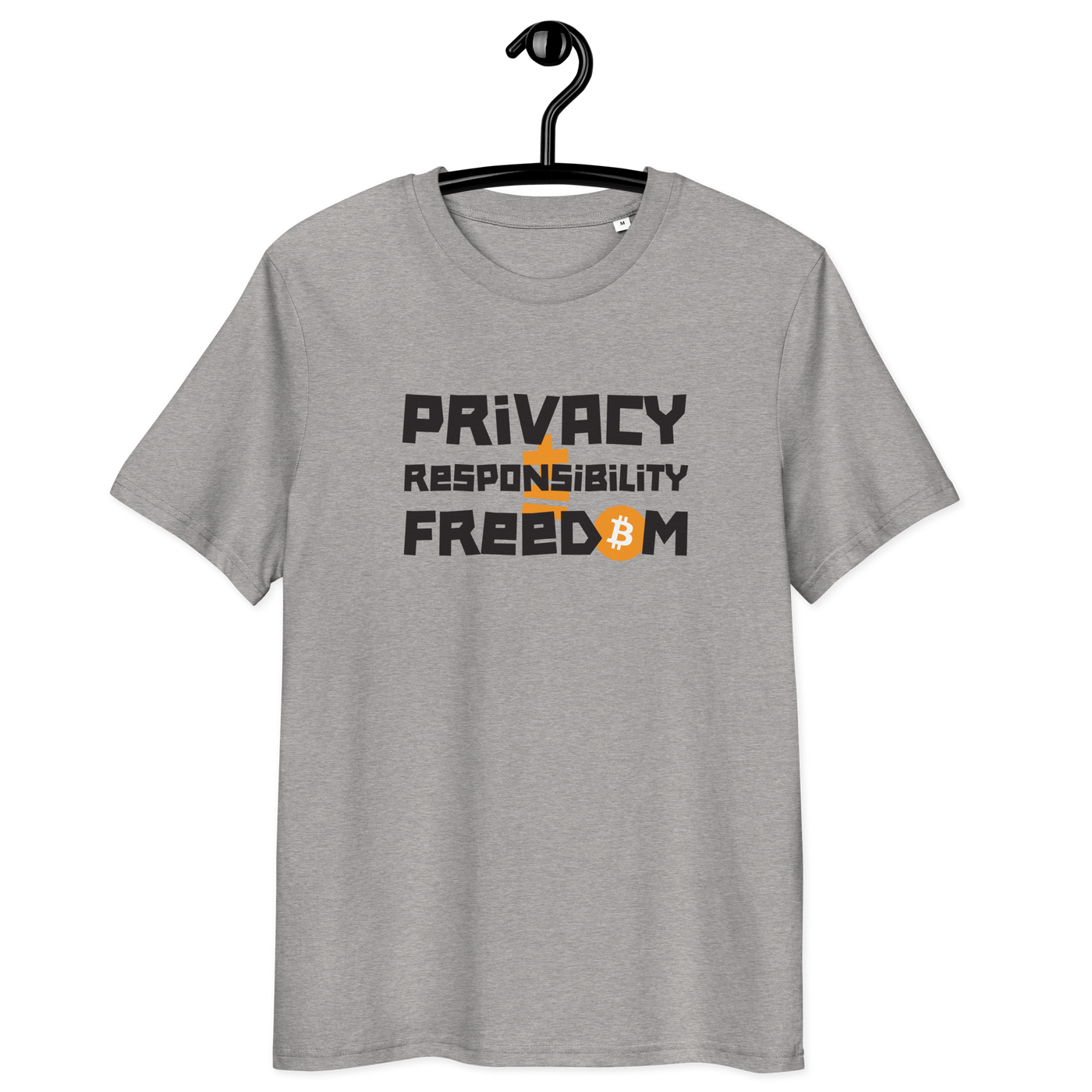 Organic cotton bitcoin t-shirt with privacy and responsibility message and multiple eco-friendly certifications