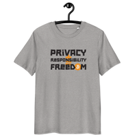 Organic cotton bitcoin t-shirt with privacy and responsibility message and multiple eco-friendly certifications
