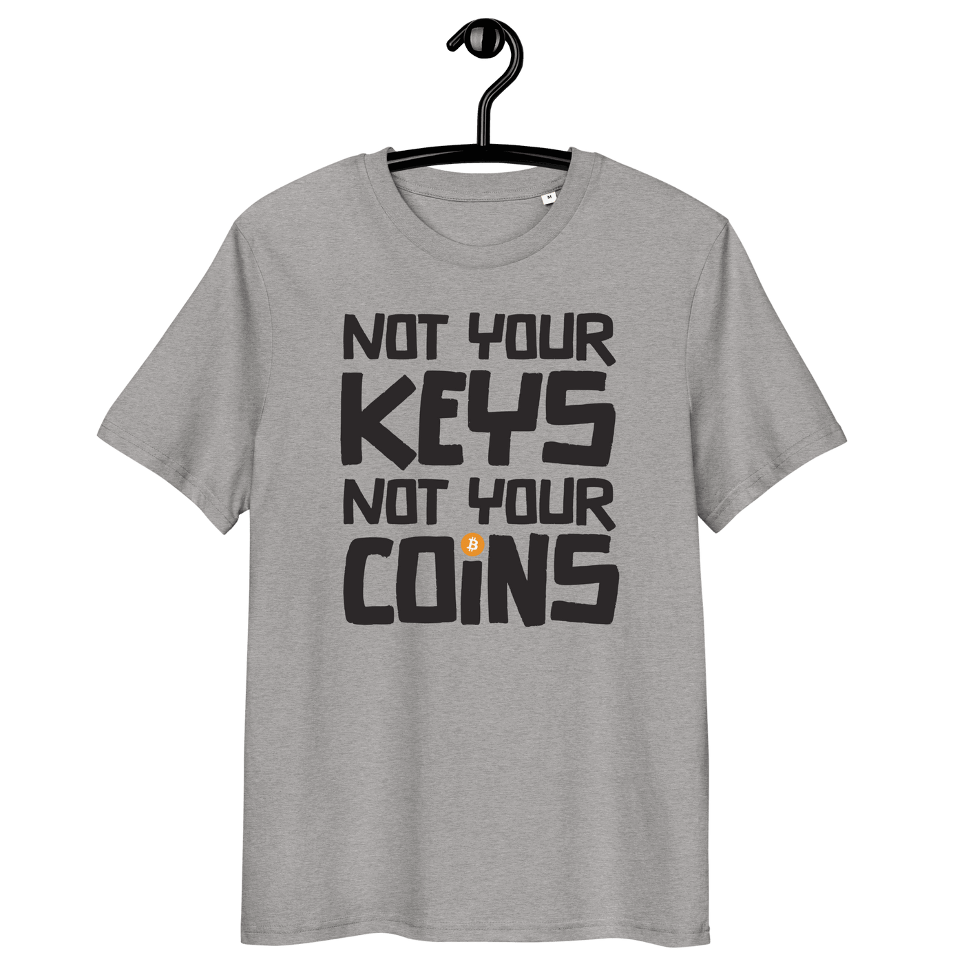 Front view of a heather grey bitcoin t-shirt.