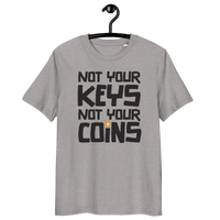Front view of a heather grey bitcoin t-shirt.