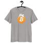 Front view of a heather grey bitcoin t-shirt.