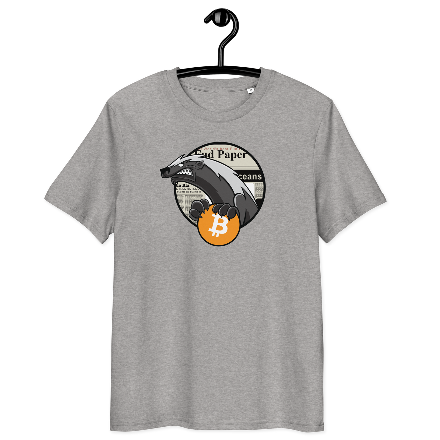 Front view of a heather grey bitcoin t-shirt.