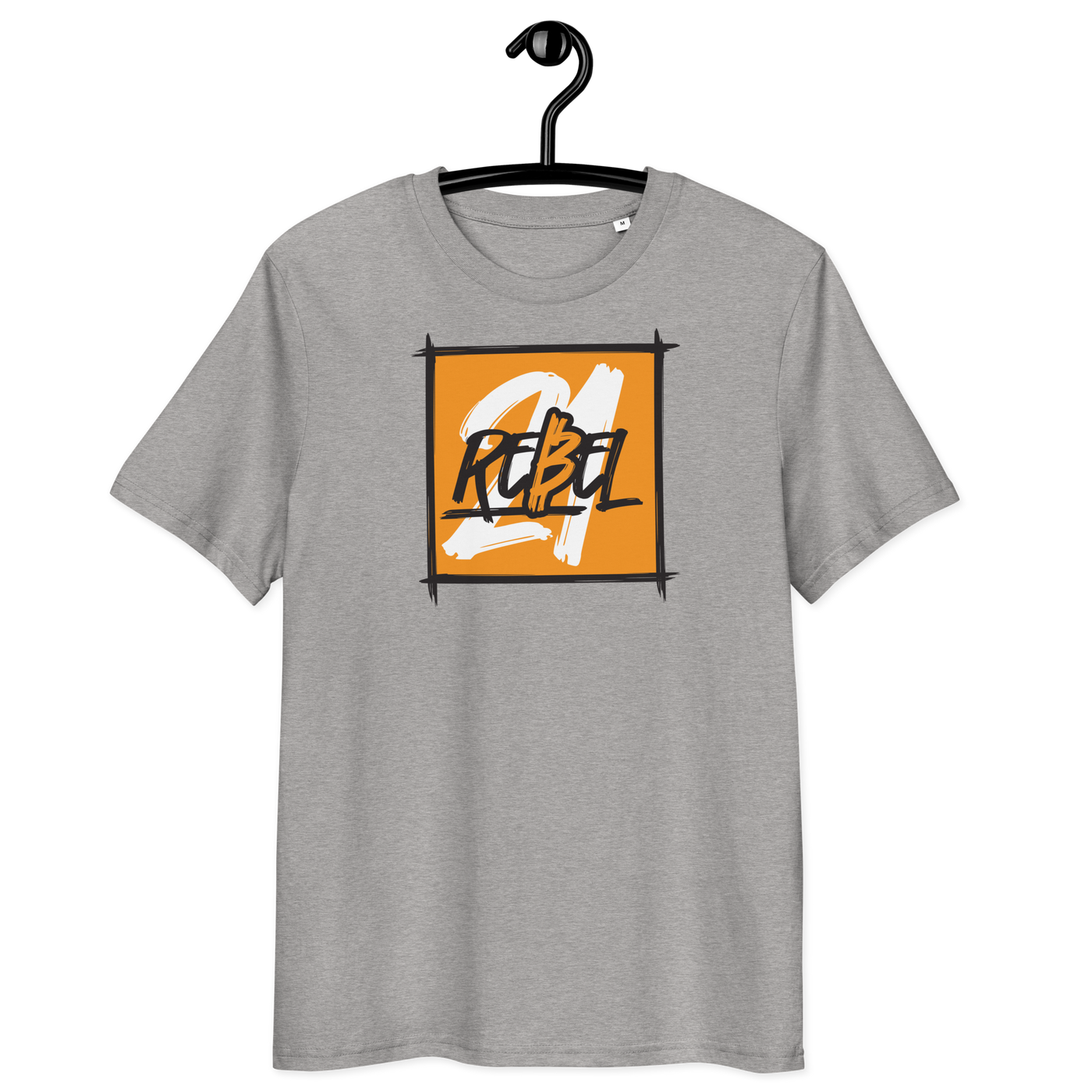 21 Rebel organic cotton bitcoin t-shirt with eco-friendly certification logos