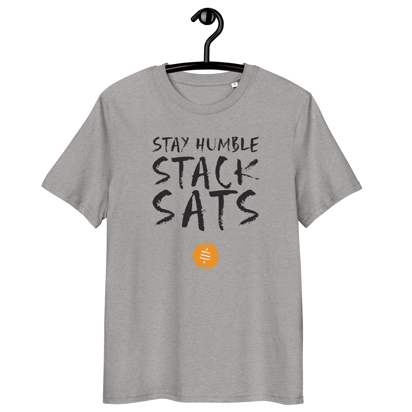 Stay Humble Stack Sats organic cotton Bitcoin t-shirt with certification badges