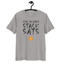 Stay Humble Stack Sats organic cotton Bitcoin t-shirt with certification badges