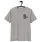 Front view of a heather grey embroidered bitcoin t-shirt.