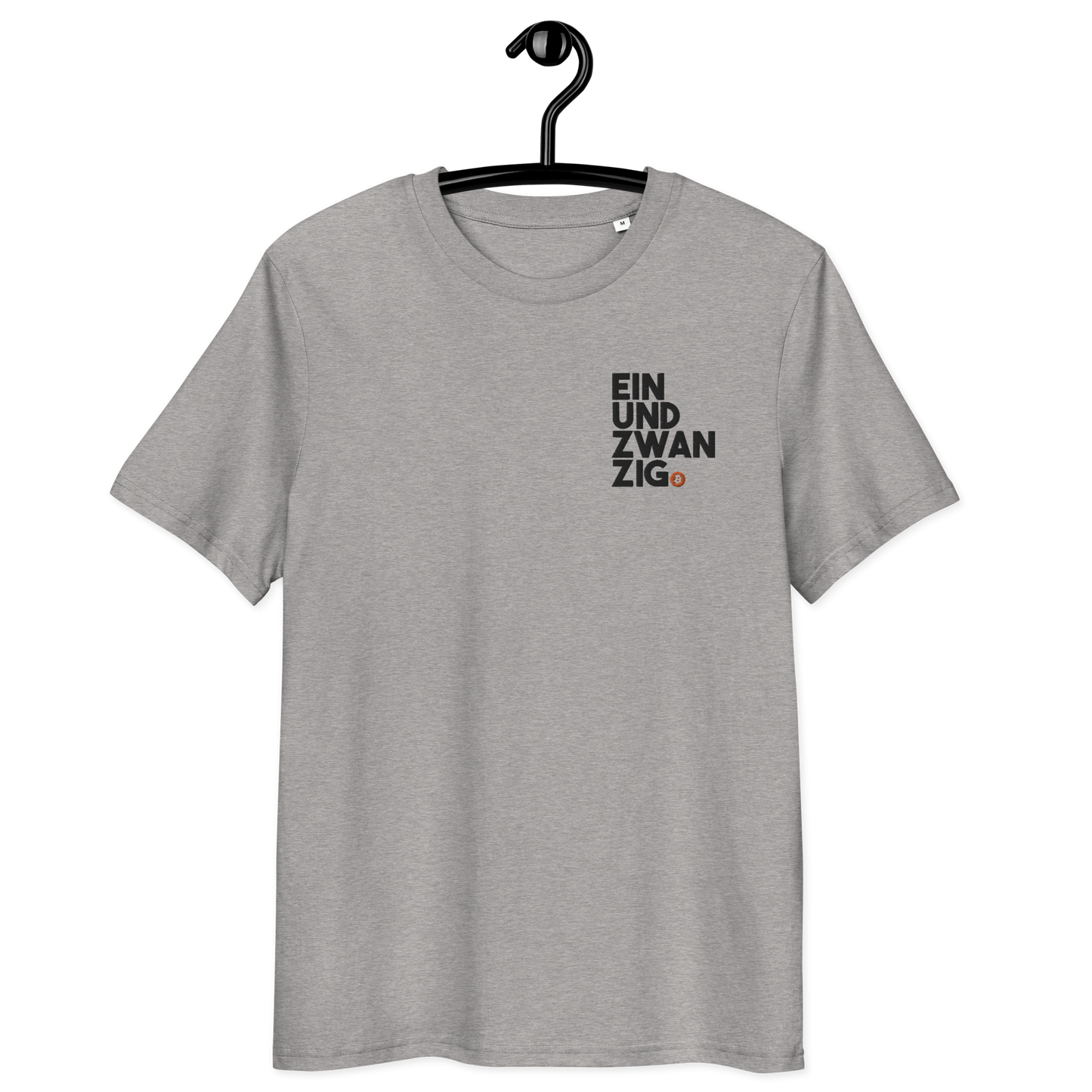 Front view of a heather grey embroidered bitcoin t-shirt.