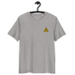 Front view of a heather grey bitcoin t-shirt.