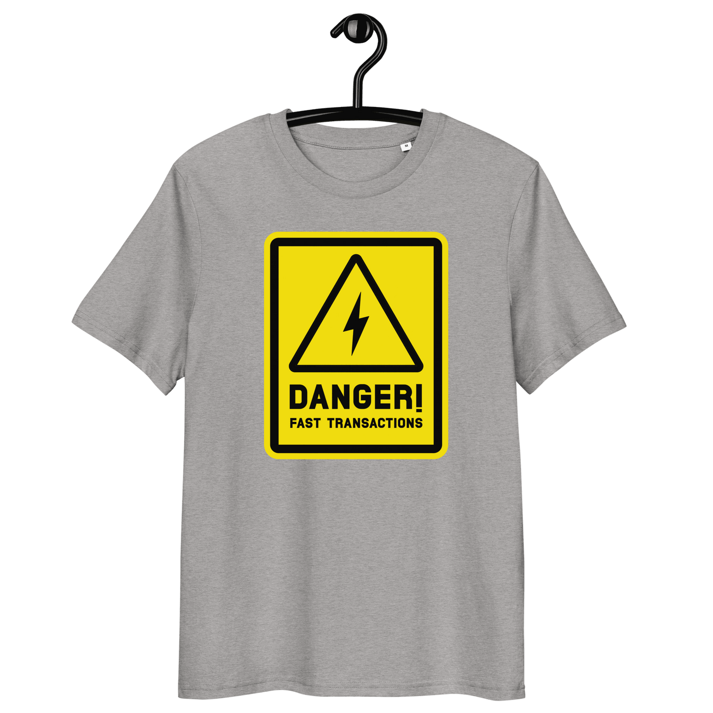 Certification logos for organic, PETA, GOTS, OCS, and GRS on Lightning bitcoin t-shirt