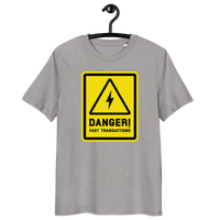 Certification logos for organic, PETA, GOTS, OCS, and GRS on Lightning bitcoin t-shirt