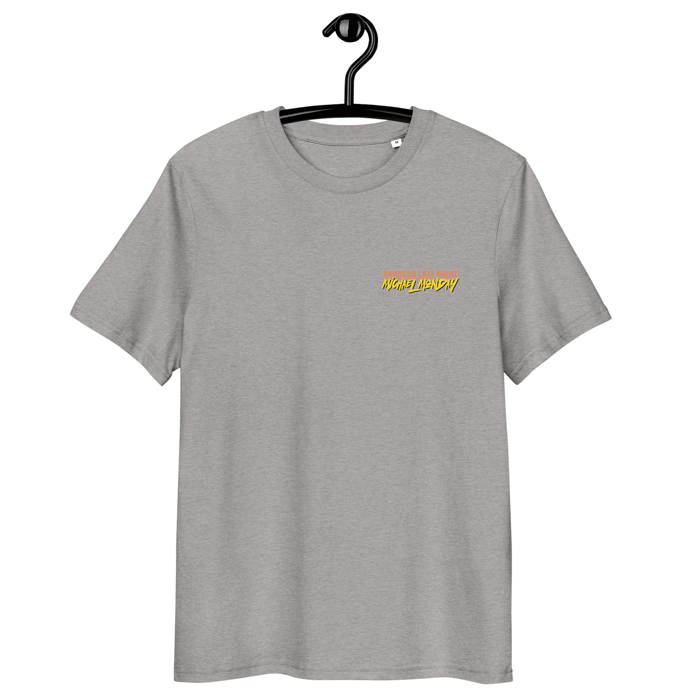 Michael Monday Anarcho Late Night organic cotton t-shirt with certification logos and size chart