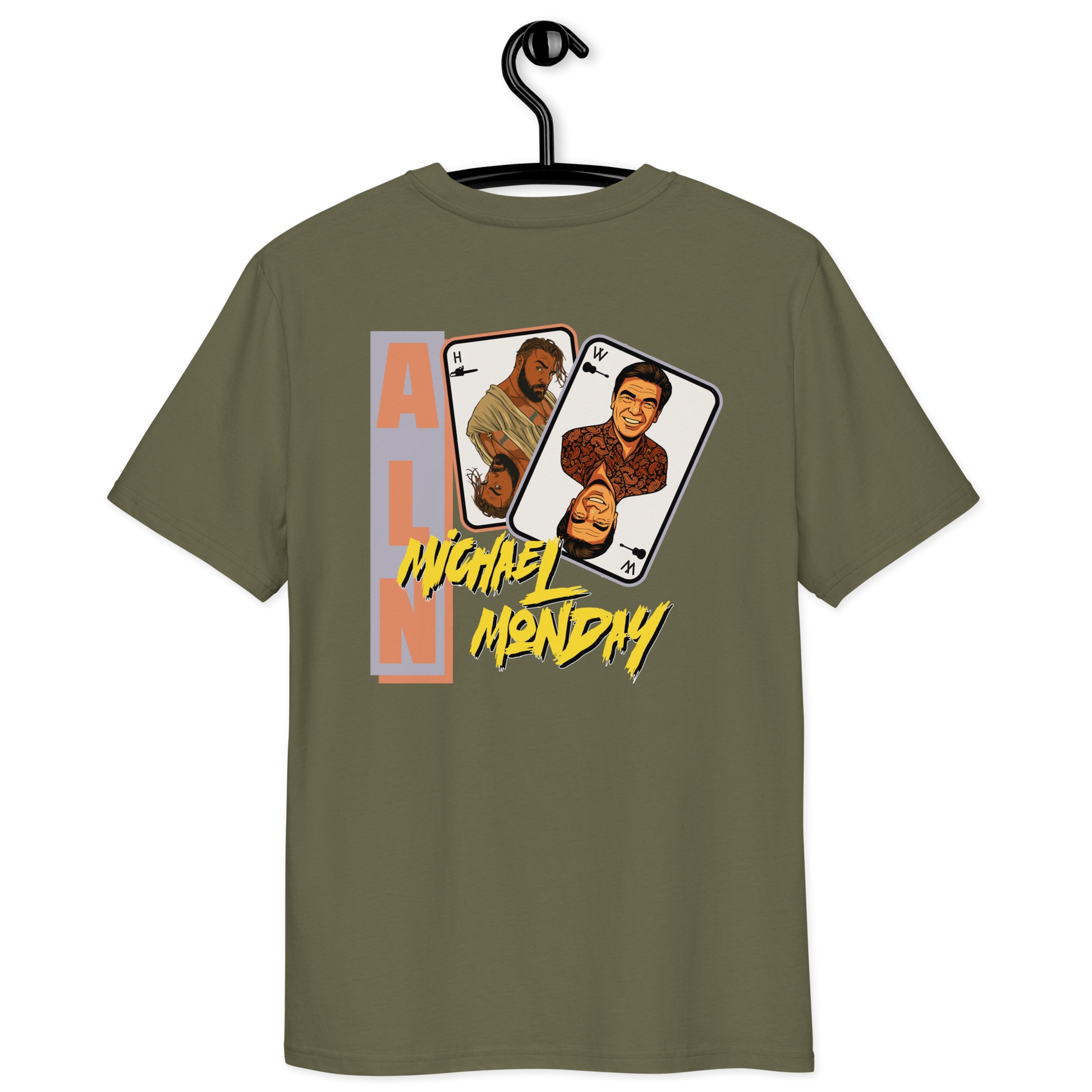 Back view of a khaki aln t-shirt.