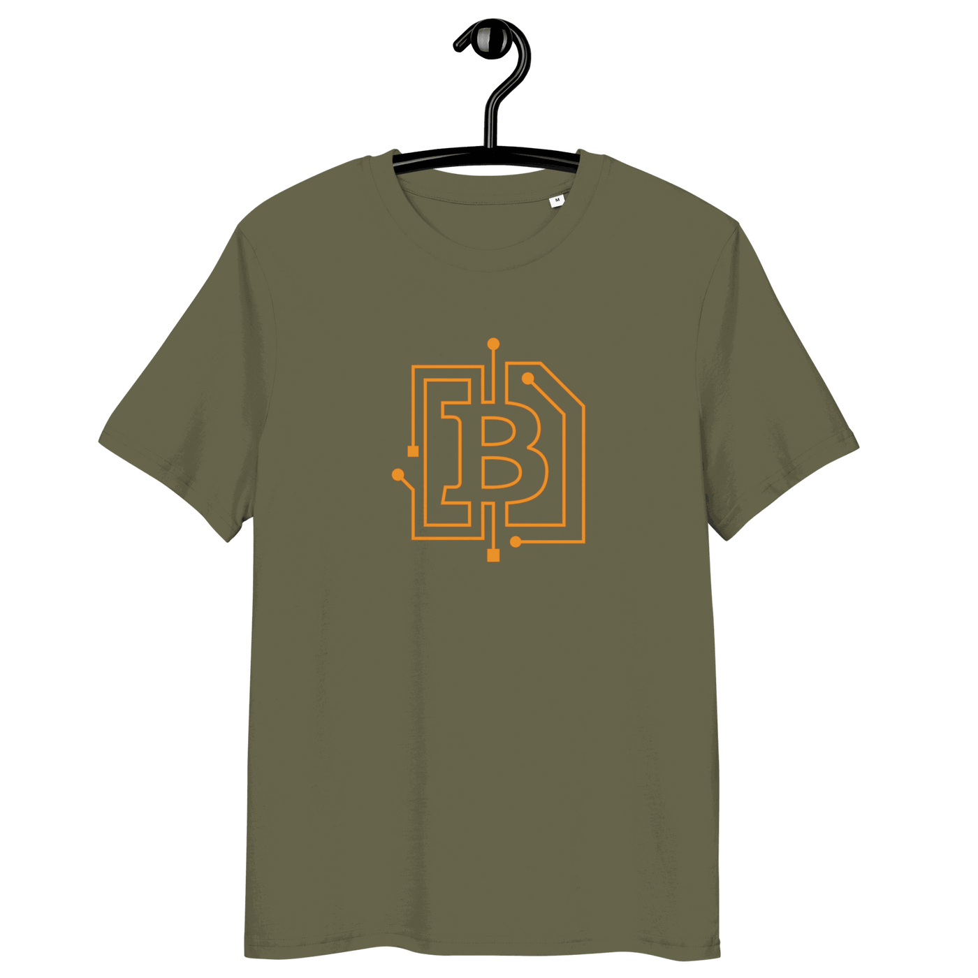Certification logos for OEKO-TEX, PETA, GOTS, OCS, and GRS on organic cotton circuit board bitcoin t-shirt