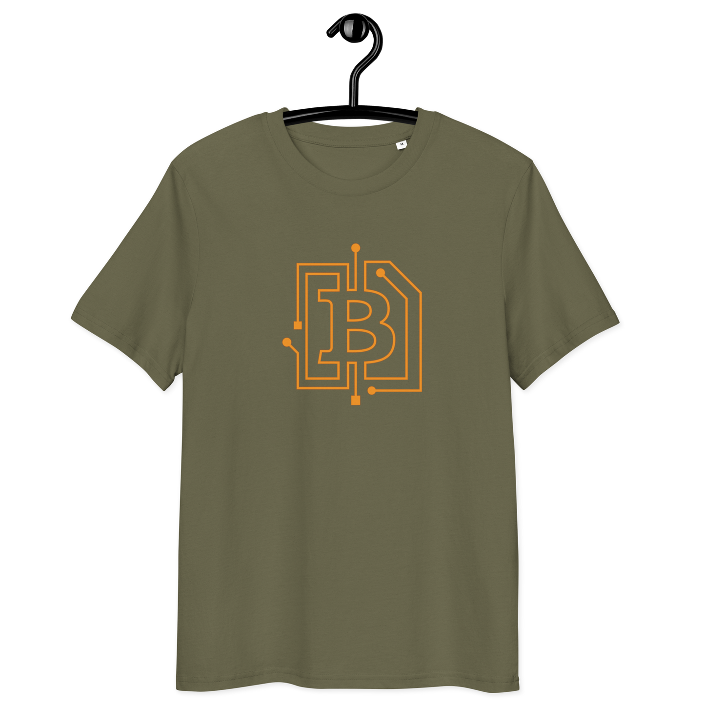 Front view of a khaki bitcoin t-shirt.