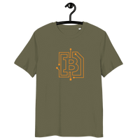 Certification logos for OEKO-TEX, PETA, GOTS, OCS, and GRS on organic cotton circuit board bitcoin t-shirt