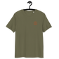 Front view of a embroidered khaki bitcoin t-shirt.