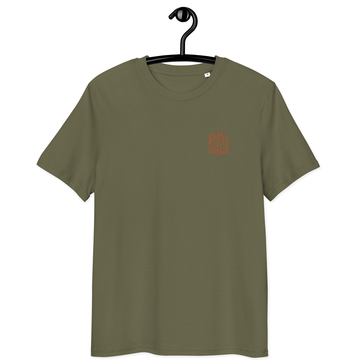 Front view of a embroidered khaki bitcoin t-shirt.