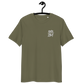 Front view of a khaki embroidered bitcoin t-shirt.