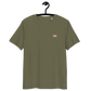 Front view of a khaki embroidered bitcoin t-shirt.