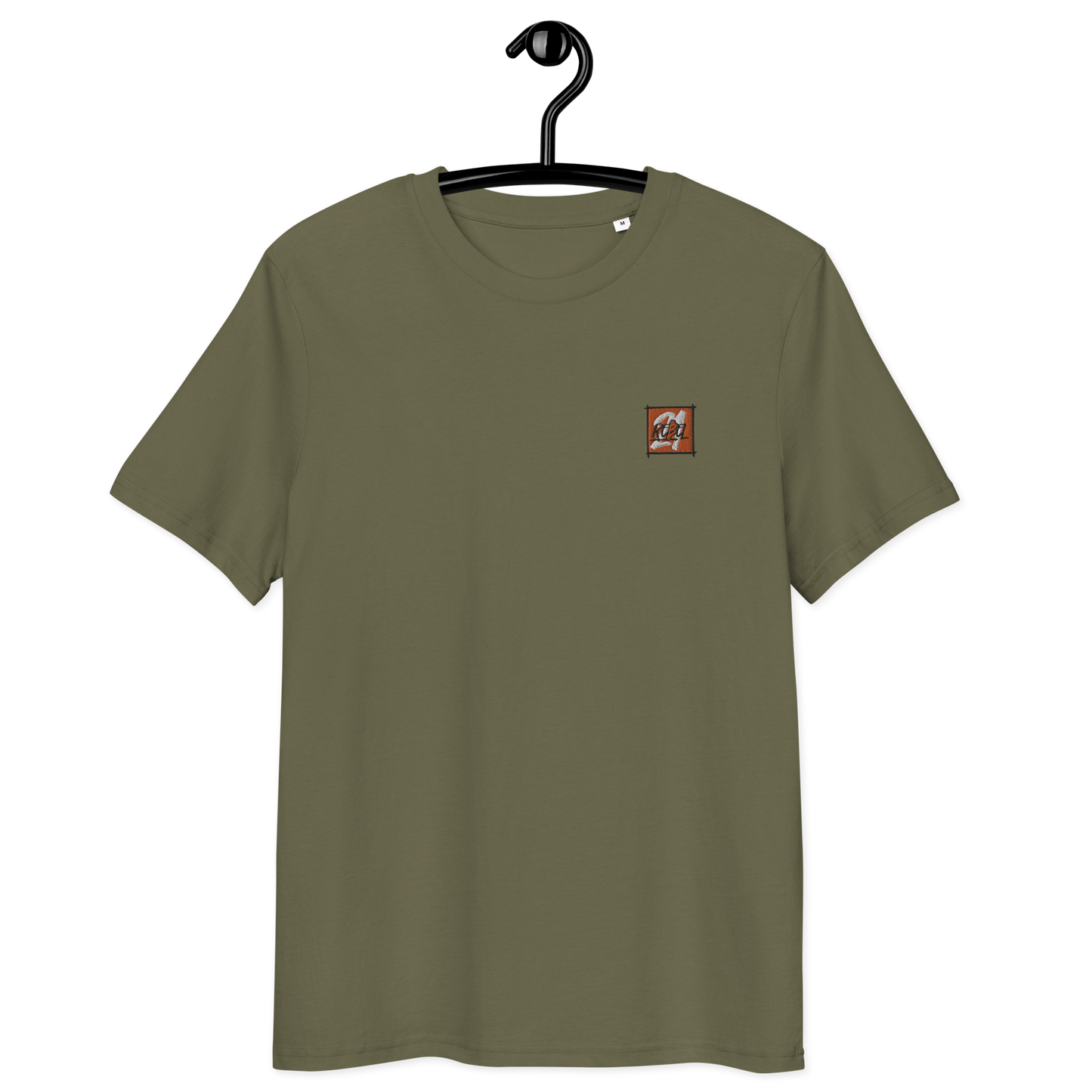 Front view of a khaki embroidered bitcoin t-shirt.