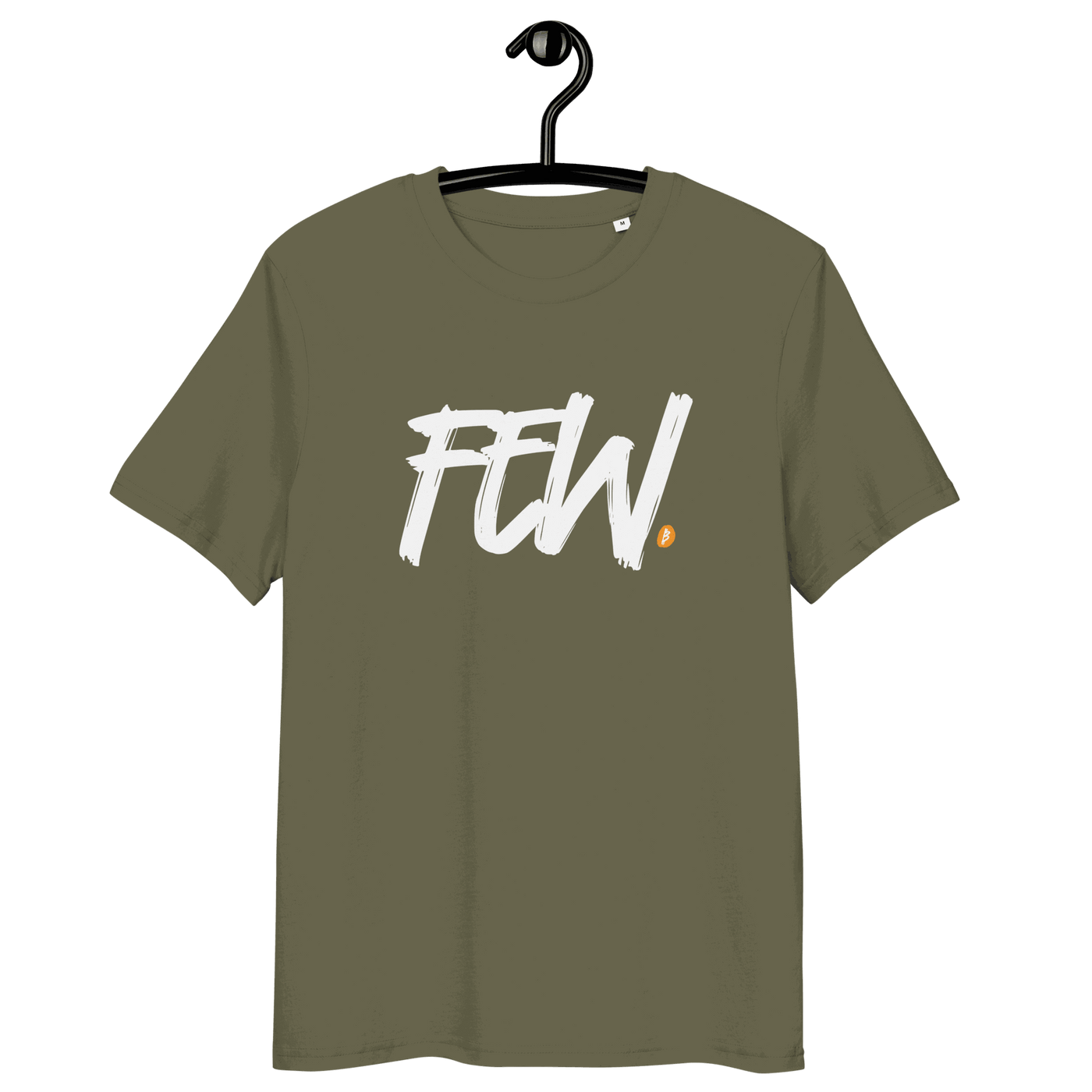 Certification logos for OEKO-TEX, PETA, GOTS, OCS, and GRS on organic cotton bitcoin T-shirt labeled Few
