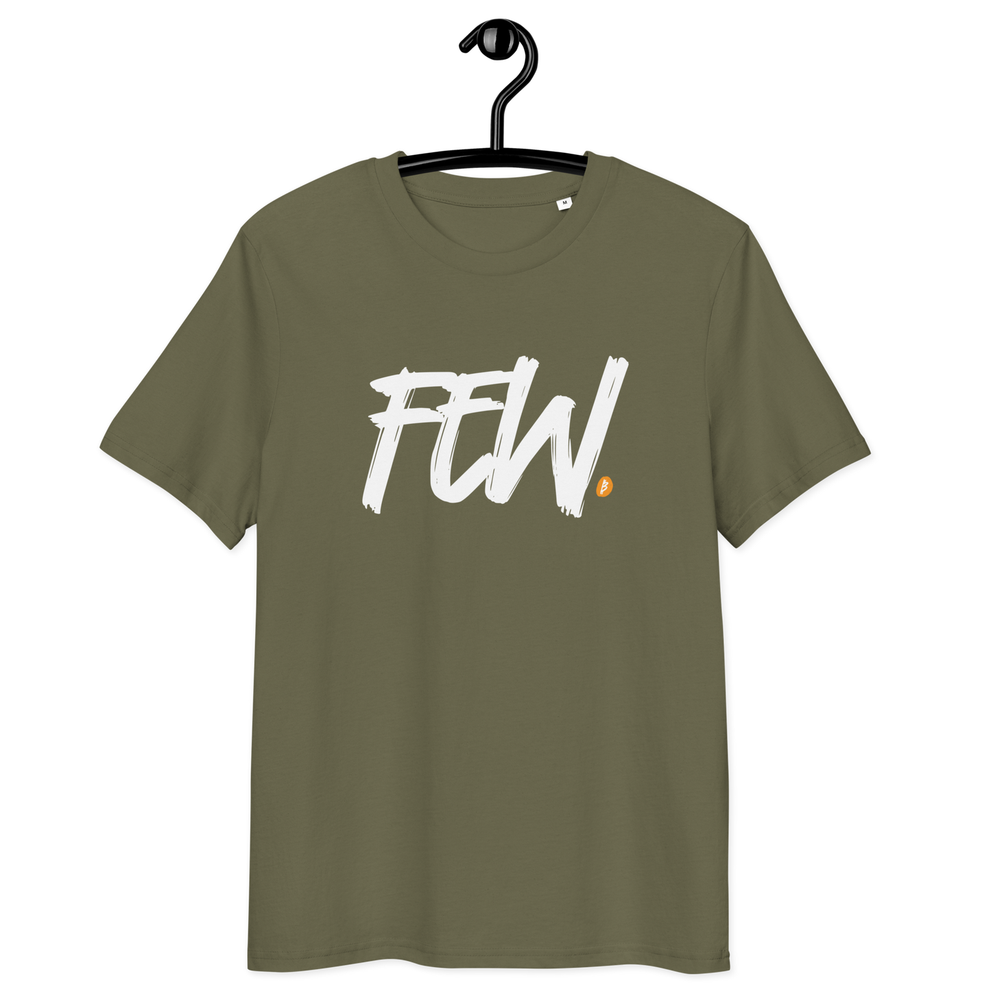 Front view of a khaki bitcoin t-shirt.