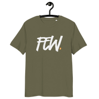 Certification logos for OEKO-TEX, PETA, GOTS, OCS, and GRS on organic cotton bitcoin T-shirt labeled Few