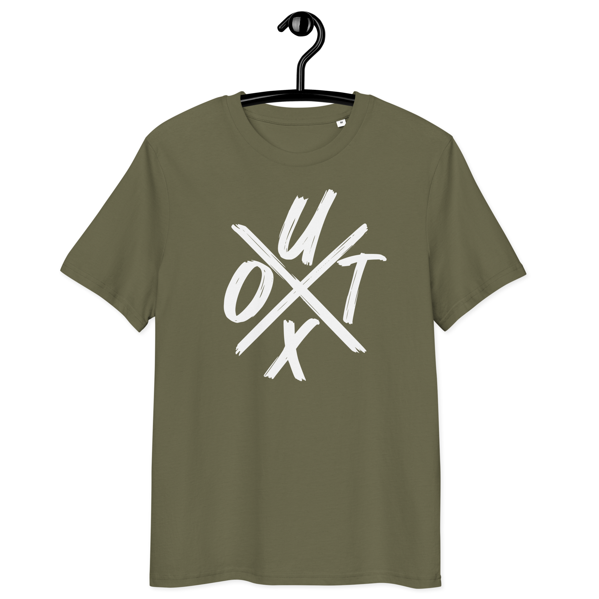 Front view of a khaki bitcoin t-shirt.