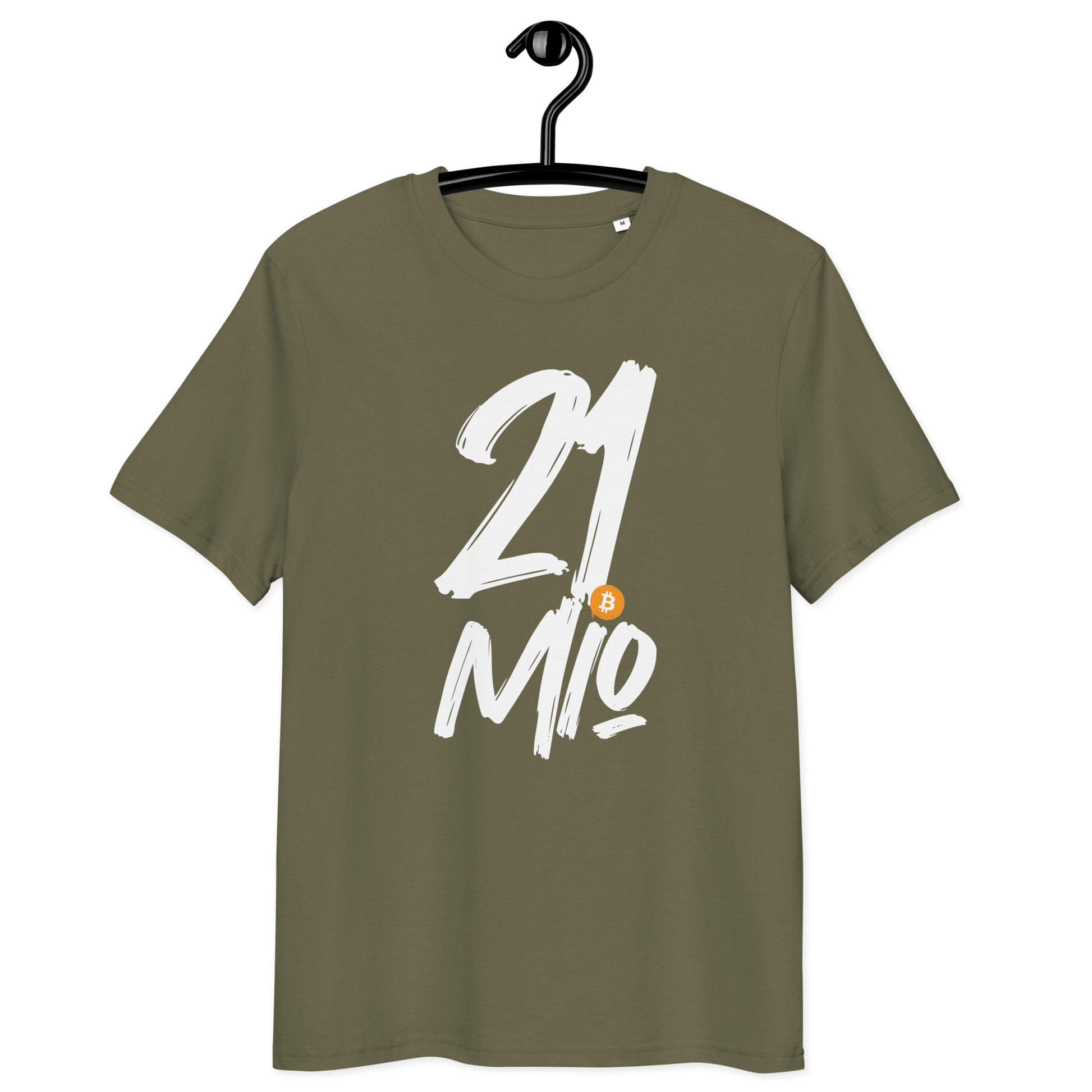 Front view of a khaki bitcoin t-shirt.